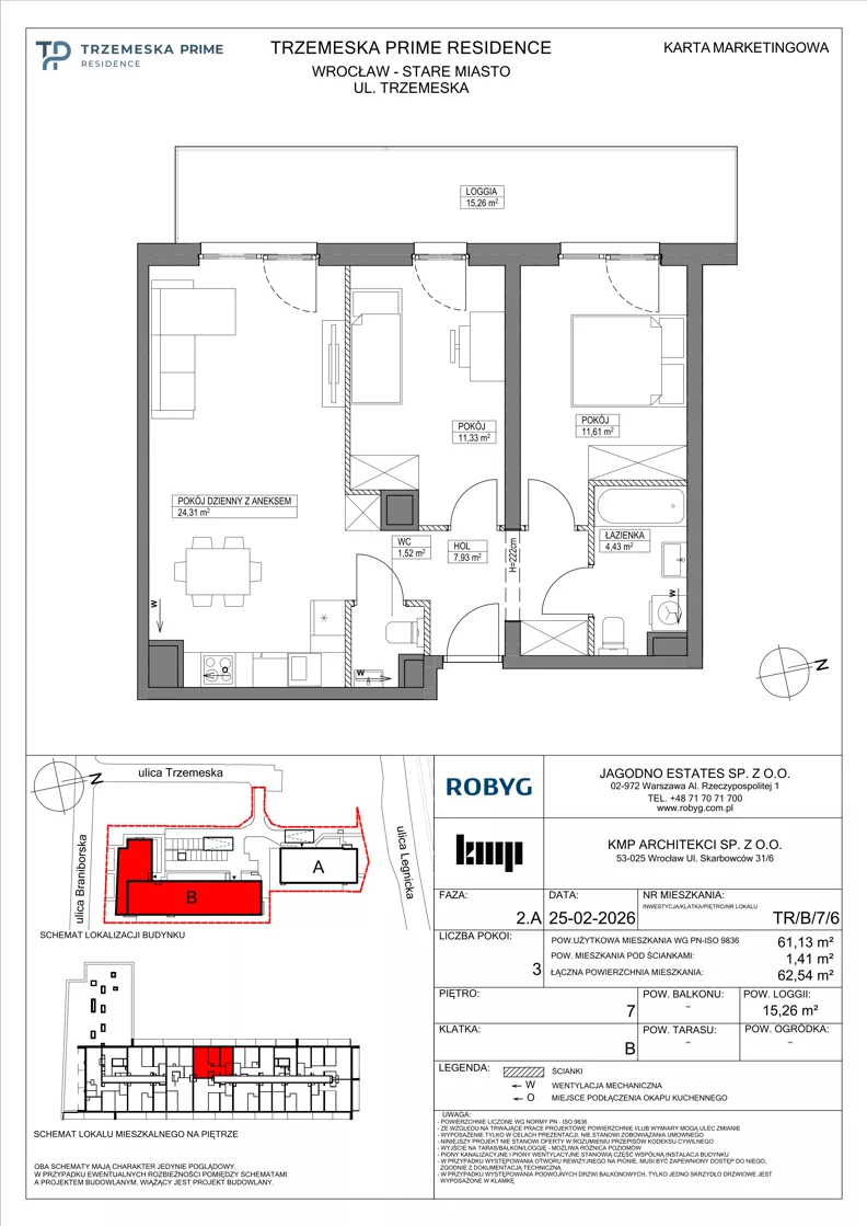 3 pokoje, mieszkanie 61,13 m², piętro 7, oferta nr TR/B/7/6, Trzemeska Prime Residence, Wrocław, Stare Miasto, ul. Trzemeska