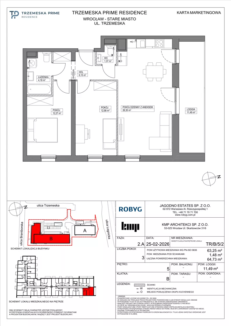 3 pokoje, mieszkanie 63,25 m², piętro 5, oferta nr TR/B/5/2, Trzemeska Prime Residence, Wrocław, Stare Miasto, ul. Trzemeska