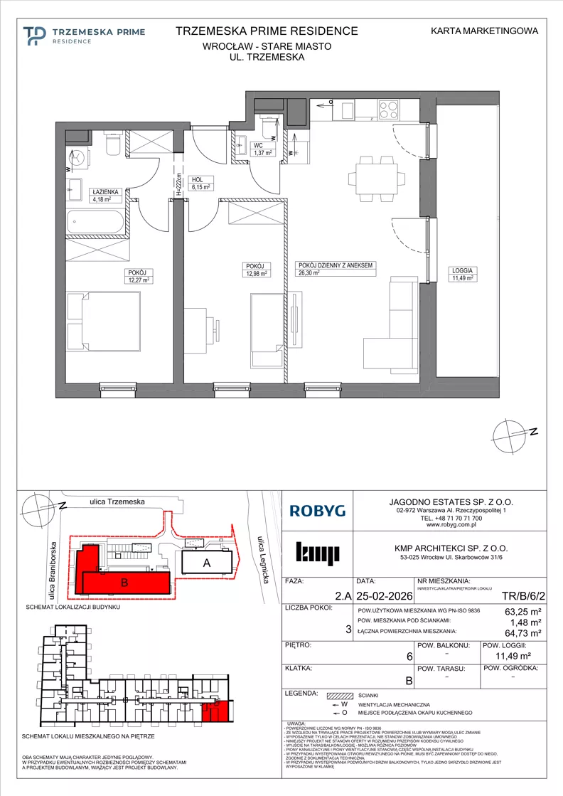 3 pokoje, mieszkanie 63,25 m², piętro 6, oferta nr TR/B/6/2, Trzemeska Prime Residence, Wrocław, Stare Miasto, ul. Trzemeska