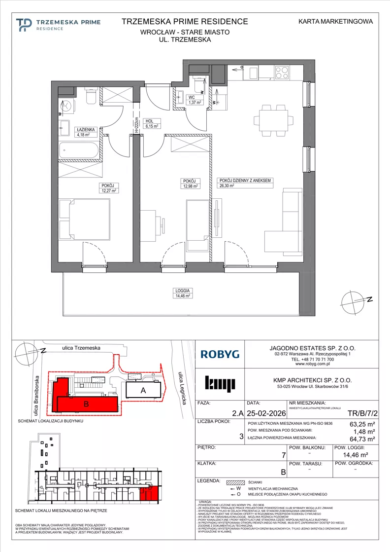 3 pokoje, mieszkanie 63,25 m², piętro 7, oferta nr TR/B/7/2, Trzemeska Prime Residence, Wrocław, Stare Miasto, ul. Trzemeska