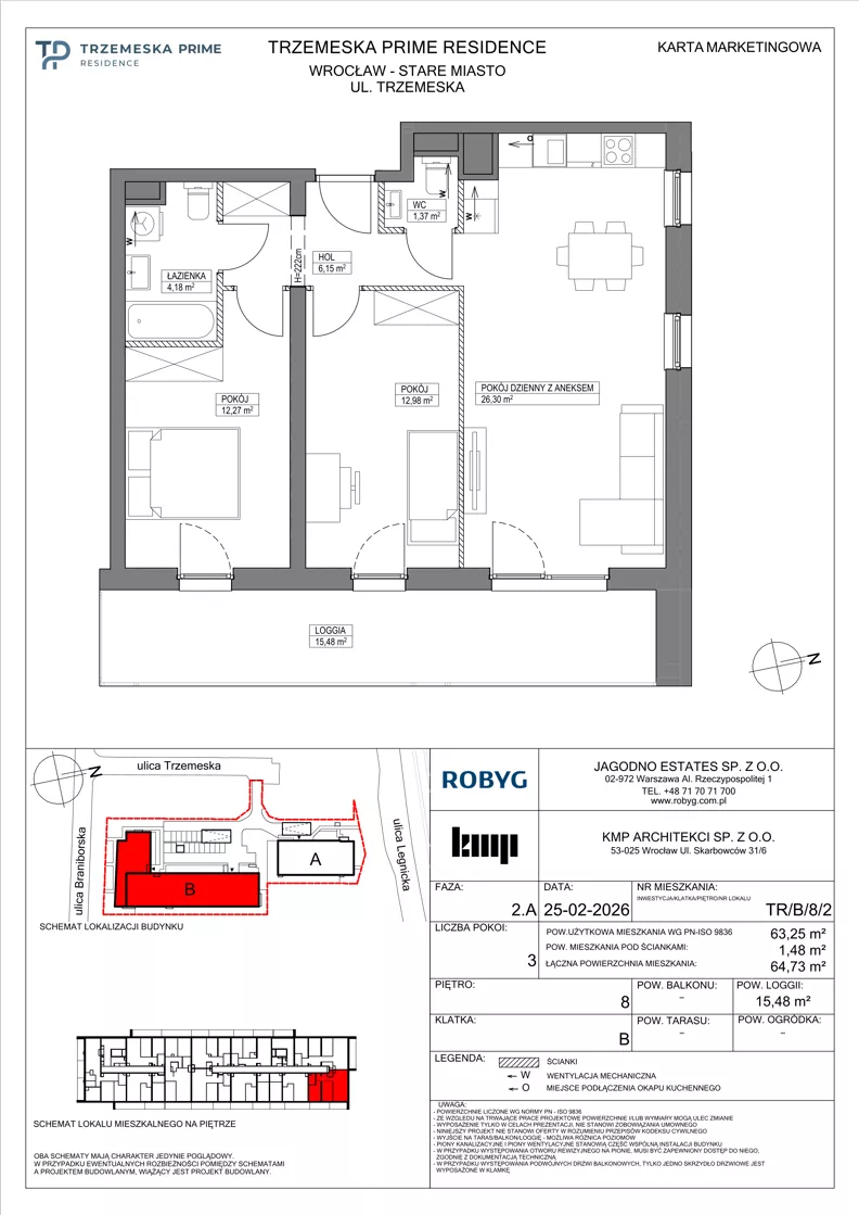 3 pokoje, mieszkanie 63,25 m², piętro 8, oferta nr TR/B/8/2, Trzemeska Prime Residence, Wrocław, Stare Miasto, ul. Trzemeska