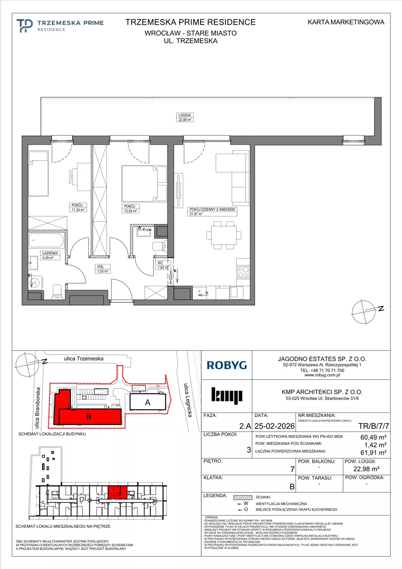 3 pokoje, mieszkanie 60,49 m², piętro 7, oferta nr TR/B/7/7, Trzemeska Prime Residence, Wrocław, Stare Miasto, ul. Trzemeska