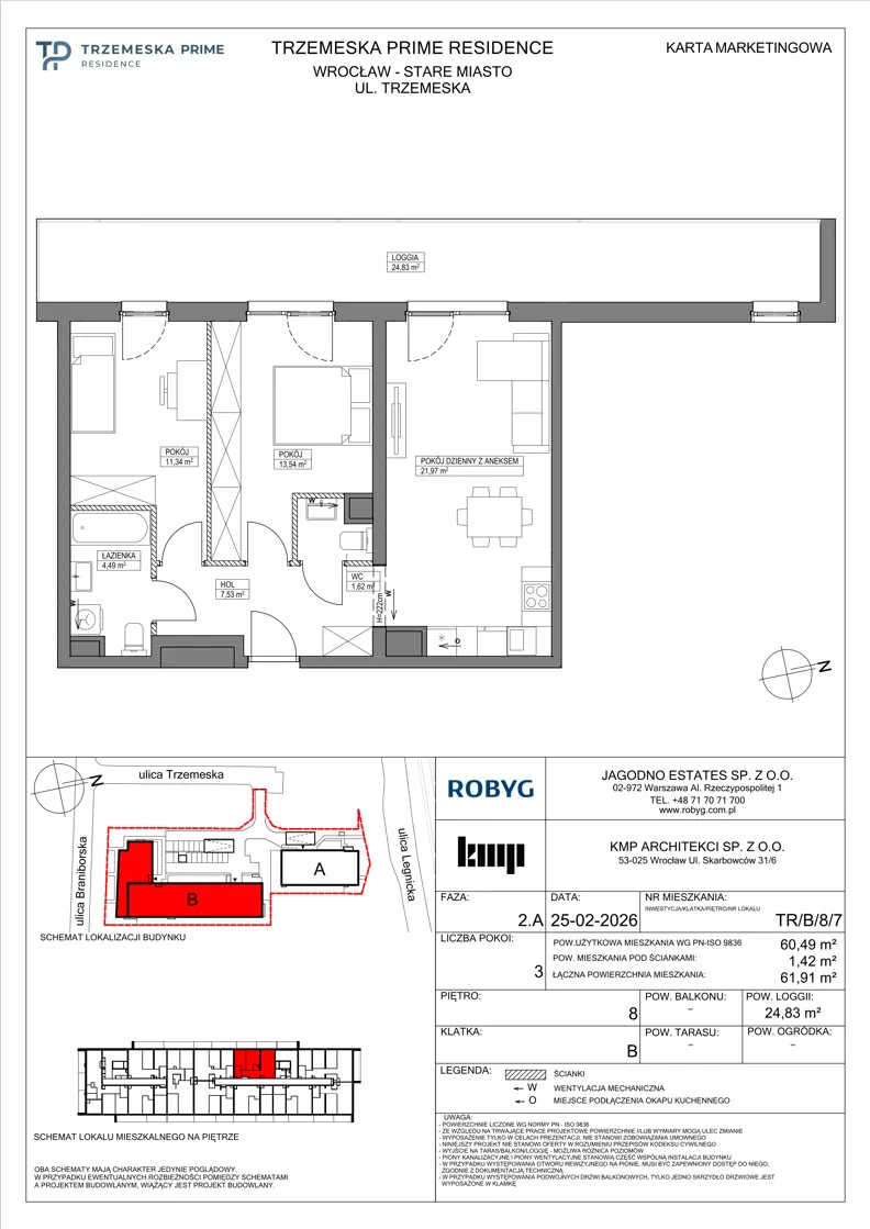 3 pokoje, mieszkanie 60,49 m², piętro 8, oferta nr TR/B/8/7, Trzemeska Prime Residence, Wrocław, Stare Miasto, ul. Trzemeska