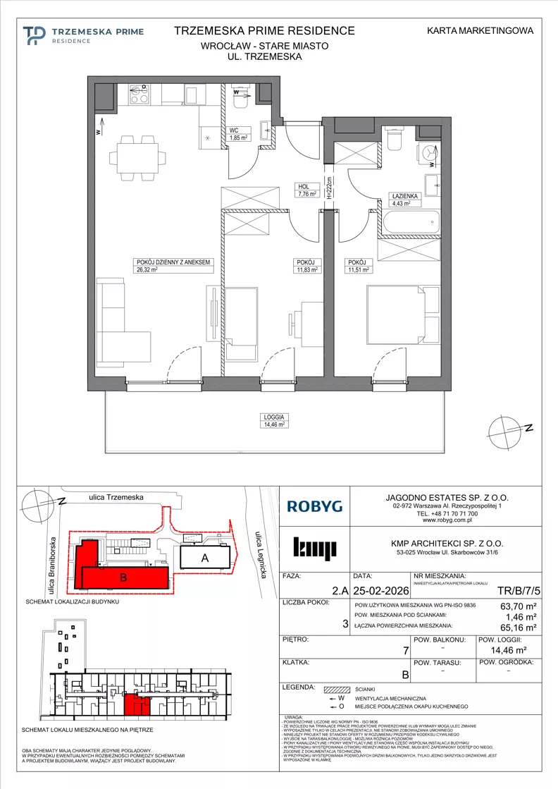 3 pokoje, mieszkanie 63,70 m², piętro 7, oferta nr TR/B/7/5, Trzemeska Prime Residence, Wrocław, Stare Miasto, ul. Trzemeska