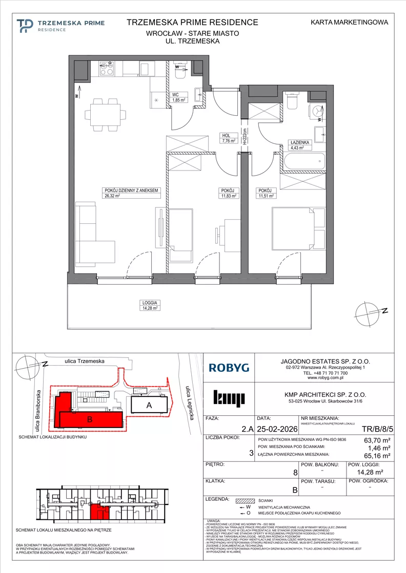 3 pokoje, mieszkanie 63,70 m², piętro 8, oferta nr TR/B/8/5, Trzemeska Prime Residence, Wrocław, Stare Miasto, ul. Trzemeska