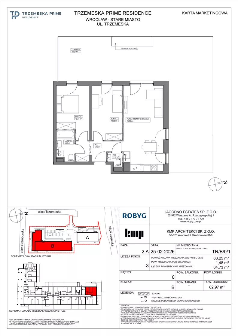 3 pokoje, mieszkanie 63,25 m², parter, oferta nr TR/B/0/1, Trzemeska Prime Residence, Wrocław, Stare Miasto, ul. Trzemeska