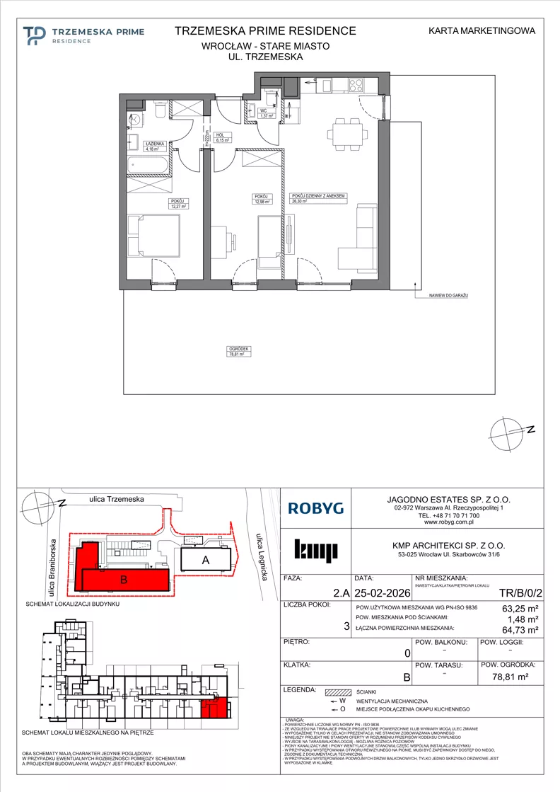 3 pokoje, mieszkanie 63,25 m², parter, oferta nr TR/B/0/2, Trzemeska Prime Residence, Wrocław, Stare Miasto, ul. Trzemeska