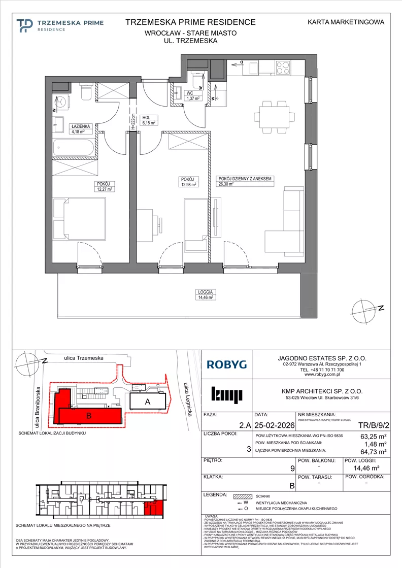 3 pokoje, mieszkanie 63,25 m², piętro 9, oferta nr TR/B/9/2, Trzemeska Prime Residence, Wrocław, Stare Miasto, ul. Trzemeska