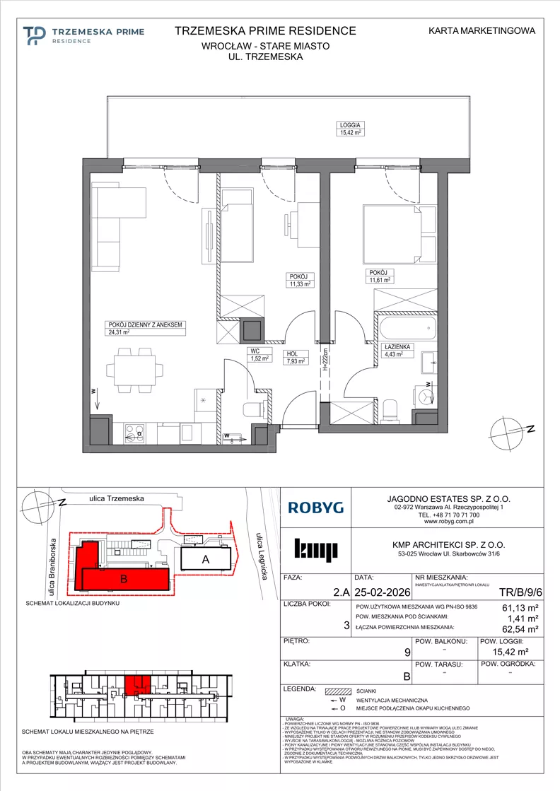 3 pokoje, mieszkanie 61,13 m², piętro 9, oferta nr TR/B/9/6, Trzemeska Prime Residence, Wrocław, Stare Miasto, ul. Trzemeska