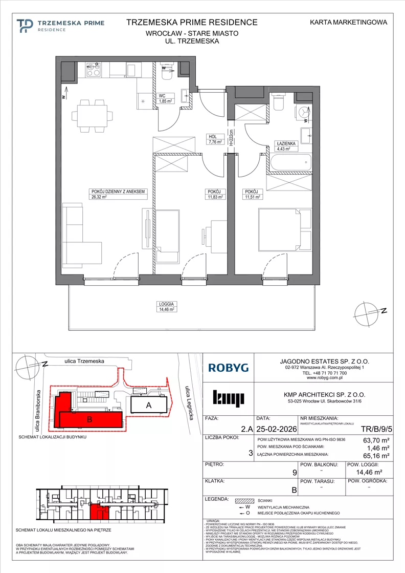 3 pokoje, mieszkanie 63,70 m², piętro 9, oferta nr TR/B/9/5, Trzemeska Prime Residence, Wrocław, Stare Miasto, ul. Trzemeska