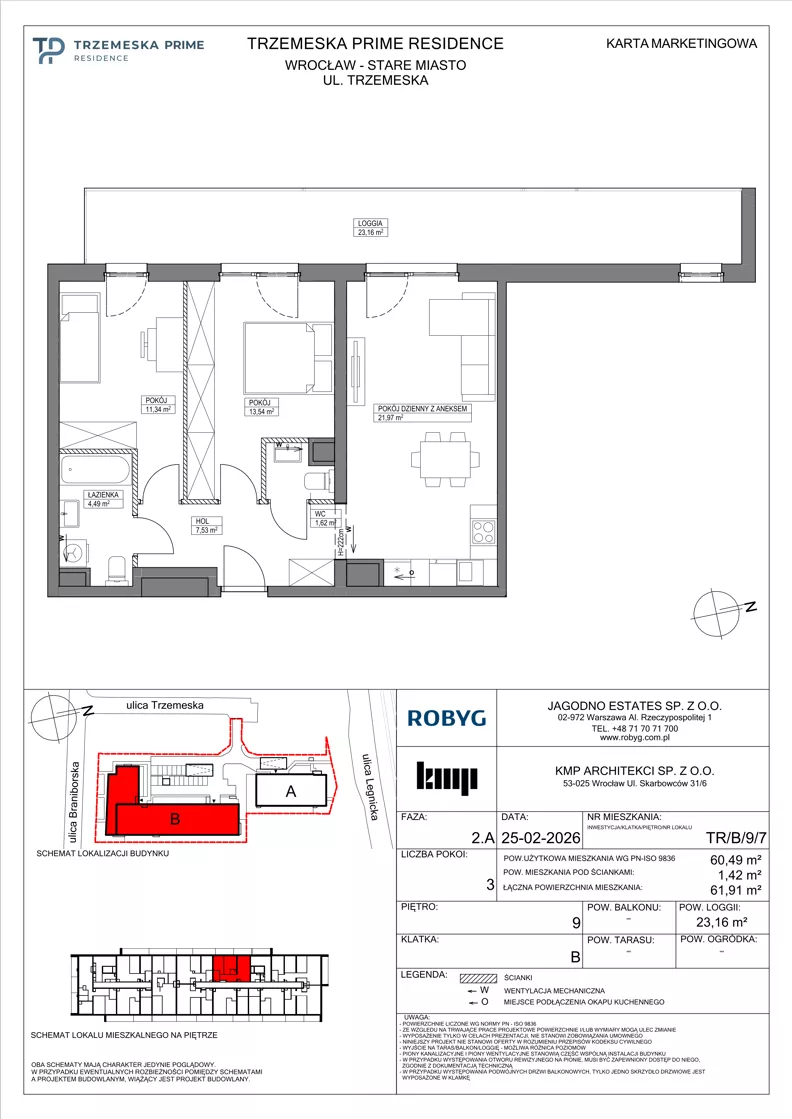 3 pokoje, mieszkanie 60,49 m², piętro 9, oferta nr TR/B/9/7, Trzemeska Prime Residence, Wrocław, Stare Miasto, ul. Trzemeska