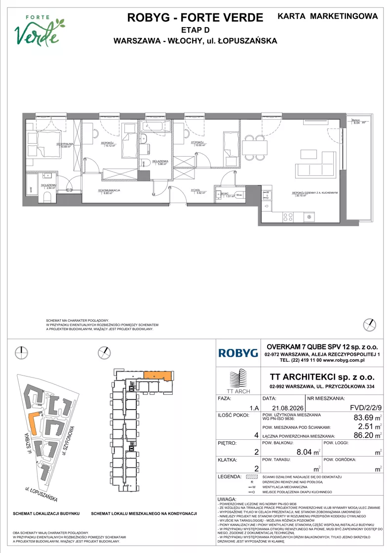 4 pokoje, mieszkanie 83,69 m², piętro 2, oferta nr FVD/2/2/9, Forte Verde, Warszawa, Włochy, Raków, ul. Łopuszańska