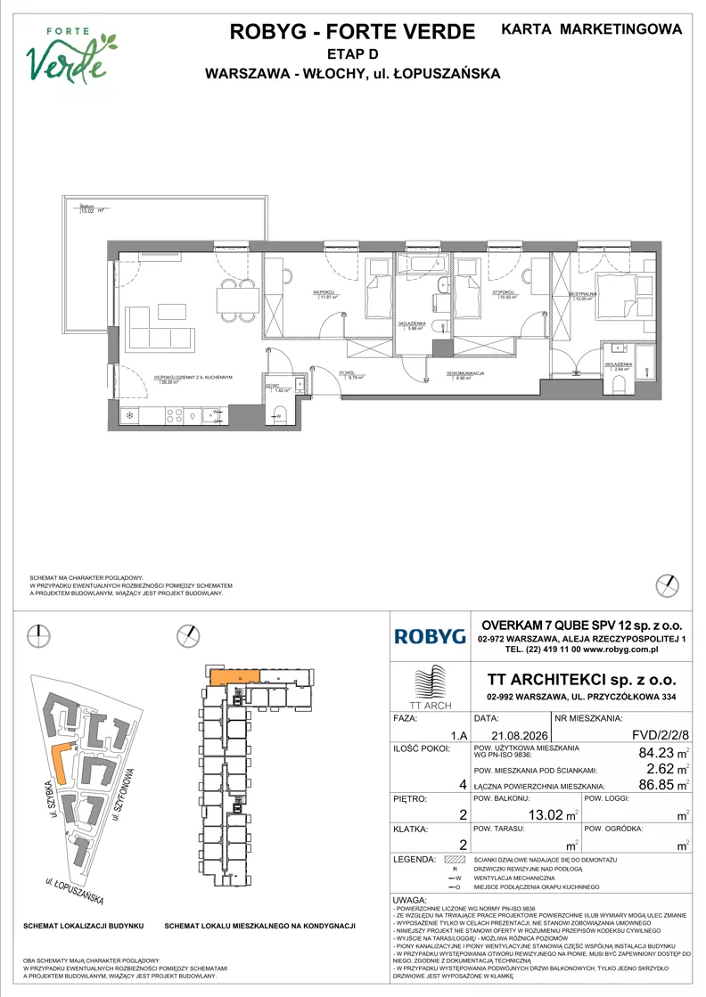 4 pokoje, mieszkanie 84,23 m², piętro 2, oferta nr FVD/2/2/8, Forte Verde, Warszawa, Włochy, Raków, ul. Łopuszańska