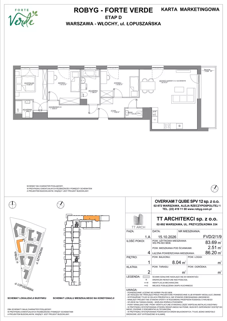 4 pokoje, mieszkanie 83,69 m², piętro 1, oferta nr FVD/2/1/9, Forte Verde, Warszawa, Włochy, Raków, ul. Łopuszańska