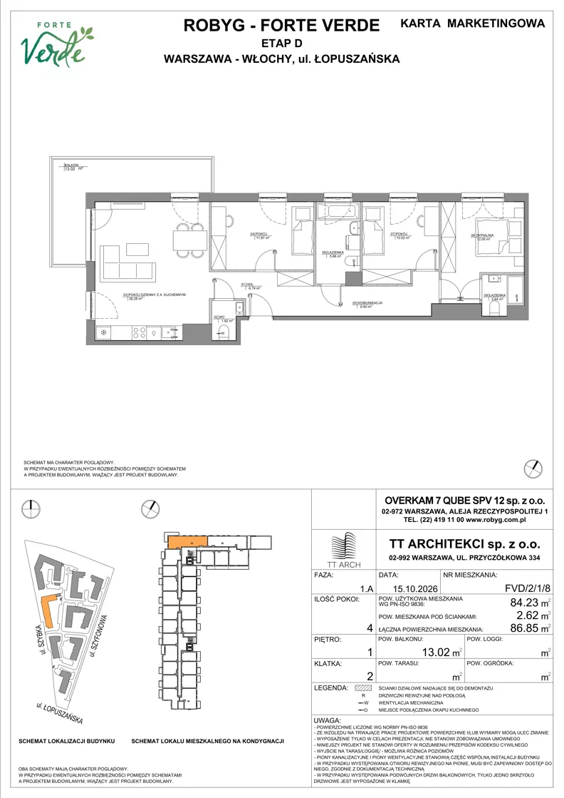 4 pokoje, mieszkanie 84,23 m², piętro 1, oferta nr FVD/2/1/8, Forte Verde, Warszawa, Włochy, Raków, ul. Łopuszańska