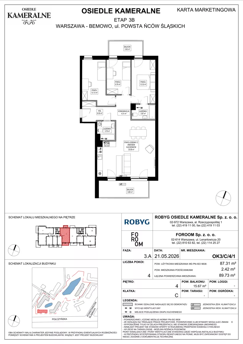 4 pokoje, mieszkanie 87,31 m², piętro 4, oferta nr OK3/C/4/1, Osiedle Kameralne 3/5, Warszawa, Bemowo, Jelonki Południowe, ul. Powstańców Śląskich / Połczyńska