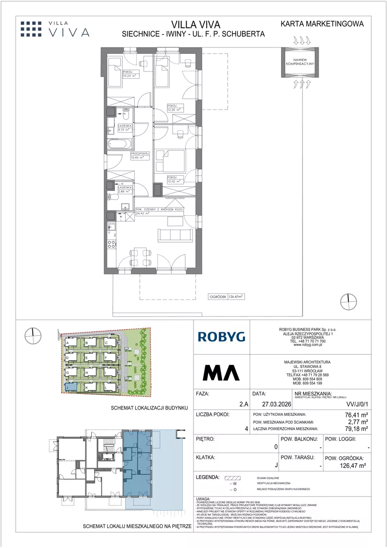 4 pokoje, mieszkanie 76,41 m², parter, oferta nr VV/J/0/1, Villa Viva, Wrocław, Jagodno, Fabryczna, ul. Schuberta