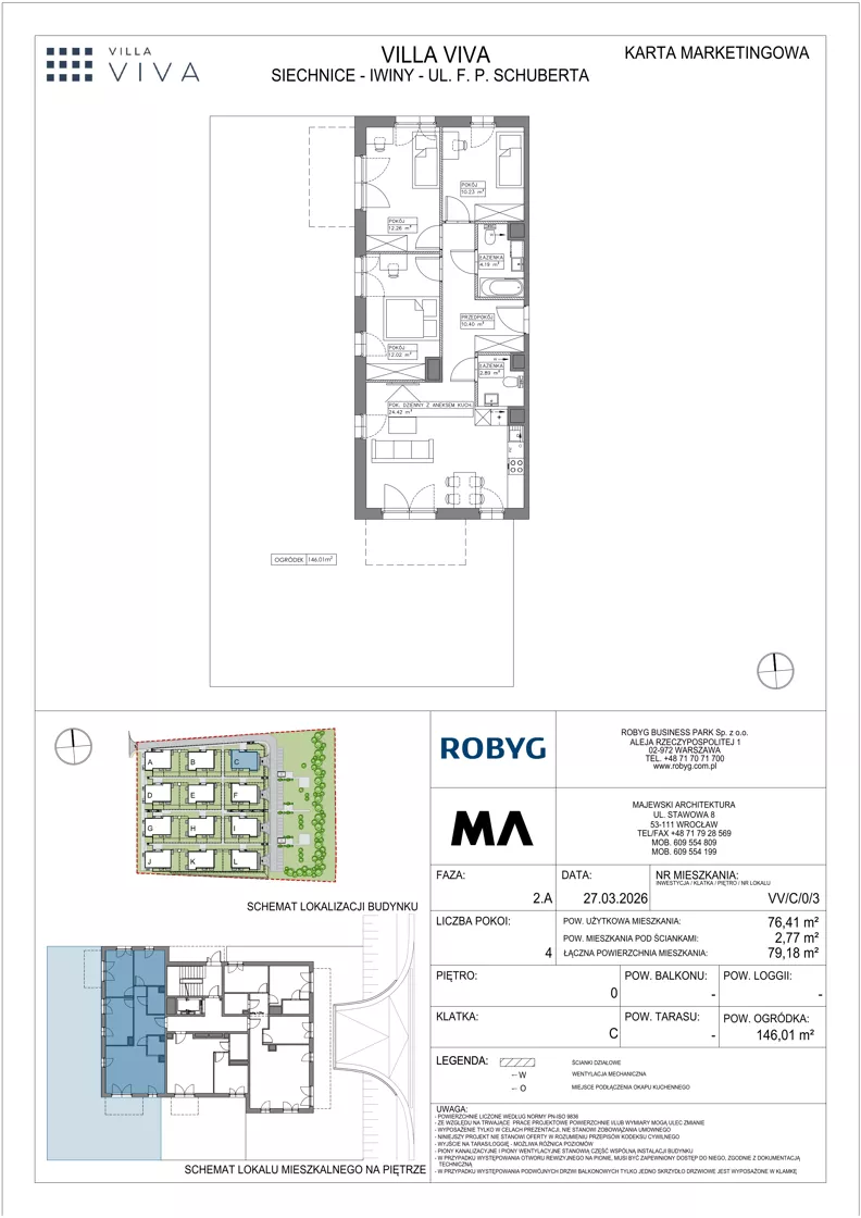 4 pokoje, mieszkanie 76,41 m², parter, oferta nr VV/C/0/3, Villa Viva, Wrocław, Jagodno, Fabryczna, ul. Schuberta