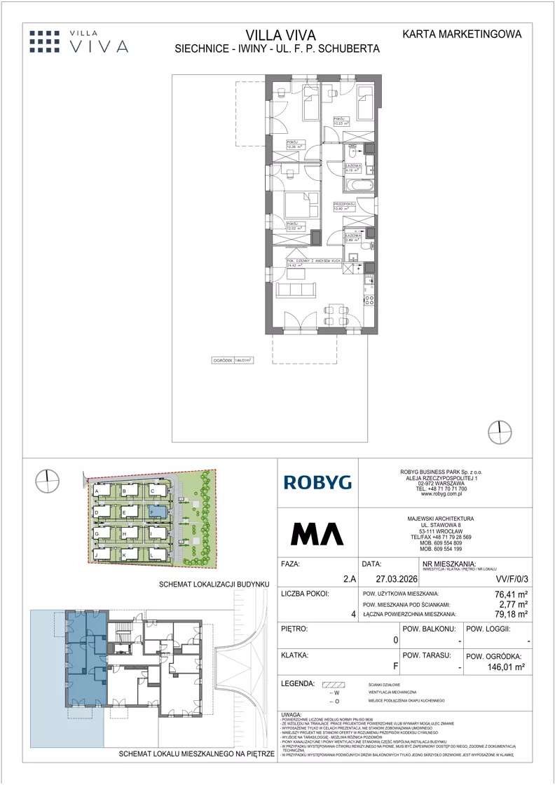 4 pokoje, mieszkanie 76,41 m², parter, oferta nr VV/F/0/3, Villa Viva, Wrocław, Jagodno, Fabryczna, ul. Schuberta