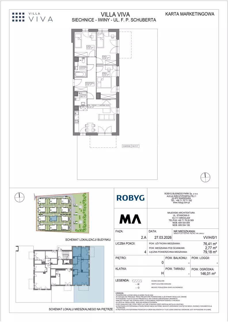 4 pokoje, mieszkanie 76,41 m², parter, oferta nr VV/H/0/1, Villa Viva, Wrocław, Jagodno, Fabryczna, ul. Schuberta