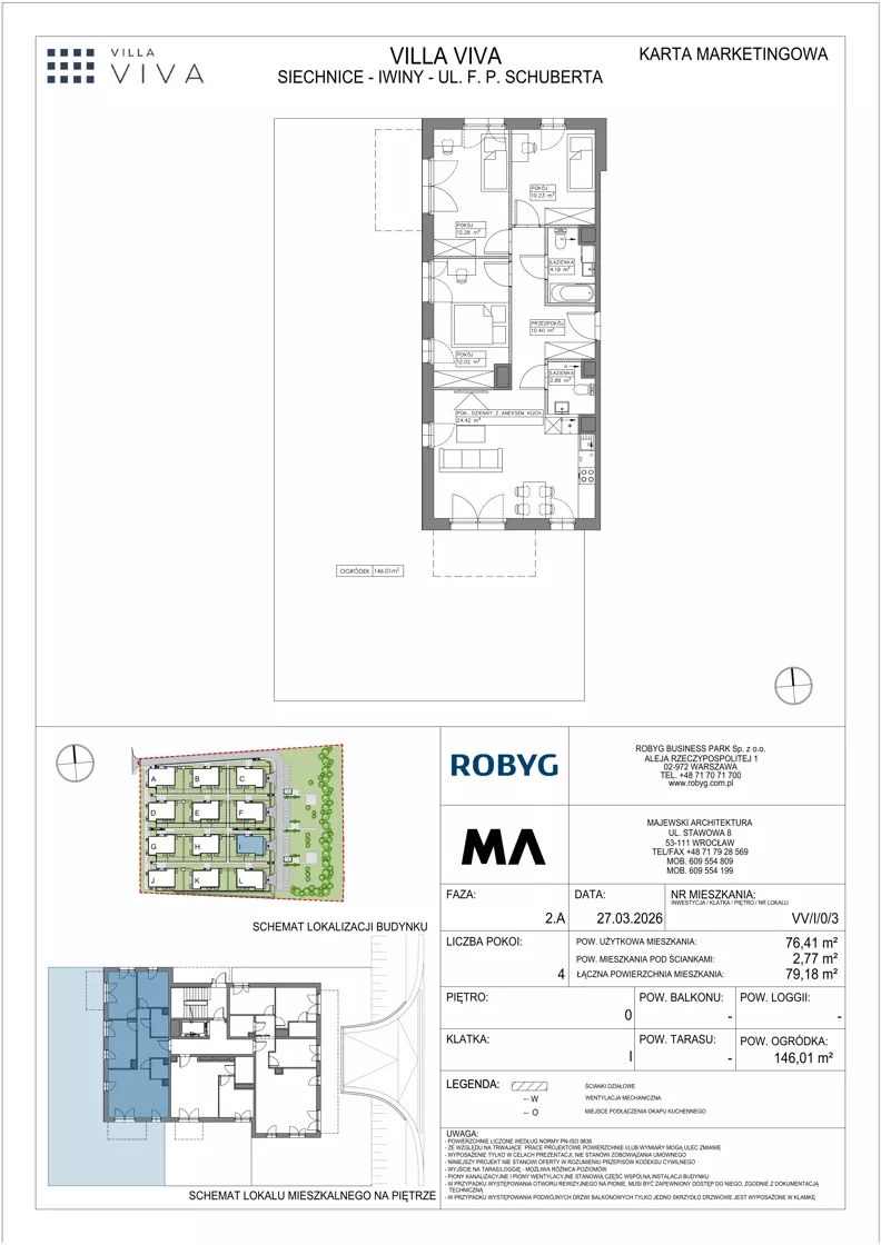 4 pokoje, mieszkanie 76,41 m², parter, oferta nr VV/I/0/3, Villa Viva, Wrocław, Jagodno, Fabryczna, ul. Schuberta