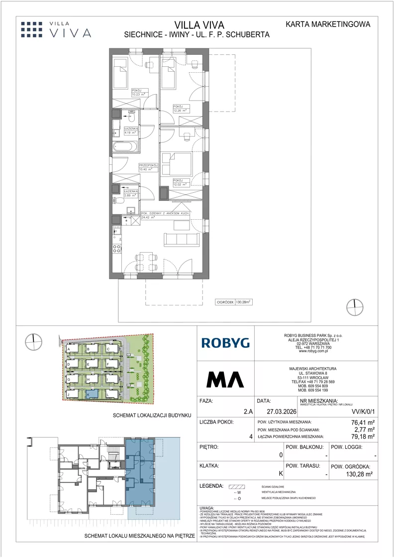 4 pokoje, mieszkanie 76,41 m², parter, oferta nr VV/K/0/1, Villa Viva, Wrocław, Jagodno, Fabryczna, ul. Schuberta