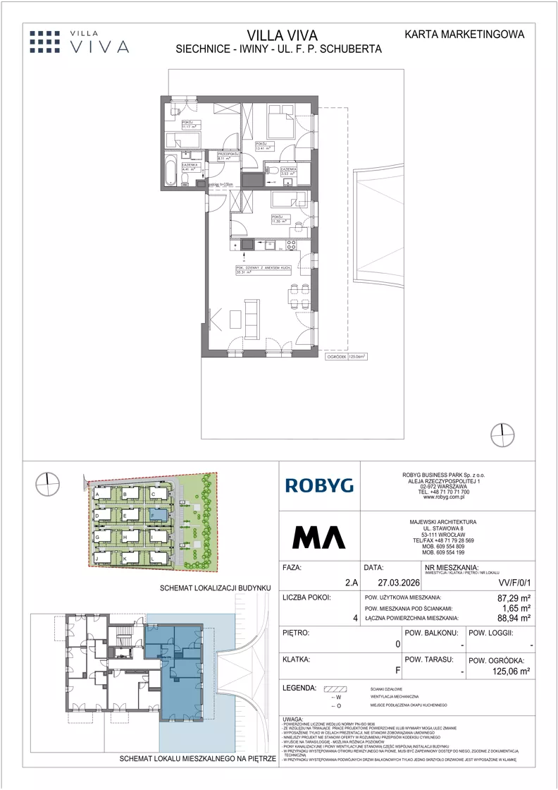 4 pokoje, mieszkanie 87,29 m², parter, oferta nr VV/F/0/1, Villa Viva, Wrocław, Jagodno, Fabryczna, ul. Schuberta
