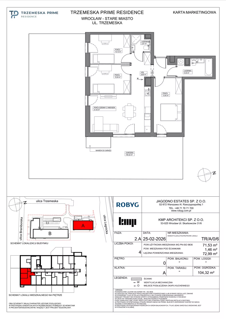 4 pokoje, mieszkanie 71,53 m², parter, oferta nr TR/A/0/6, Trzemeska Prime Residence, Wrocław, Stare Miasto, ul. Trzemeska