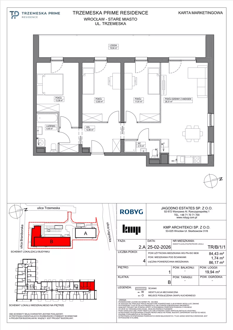 4 pokoje, mieszkanie 84,43 m², piętro 1, oferta nr TR/B/1/1, Trzemeska Prime Residence, Wrocław, Stare Miasto, ul. Trzemeska
