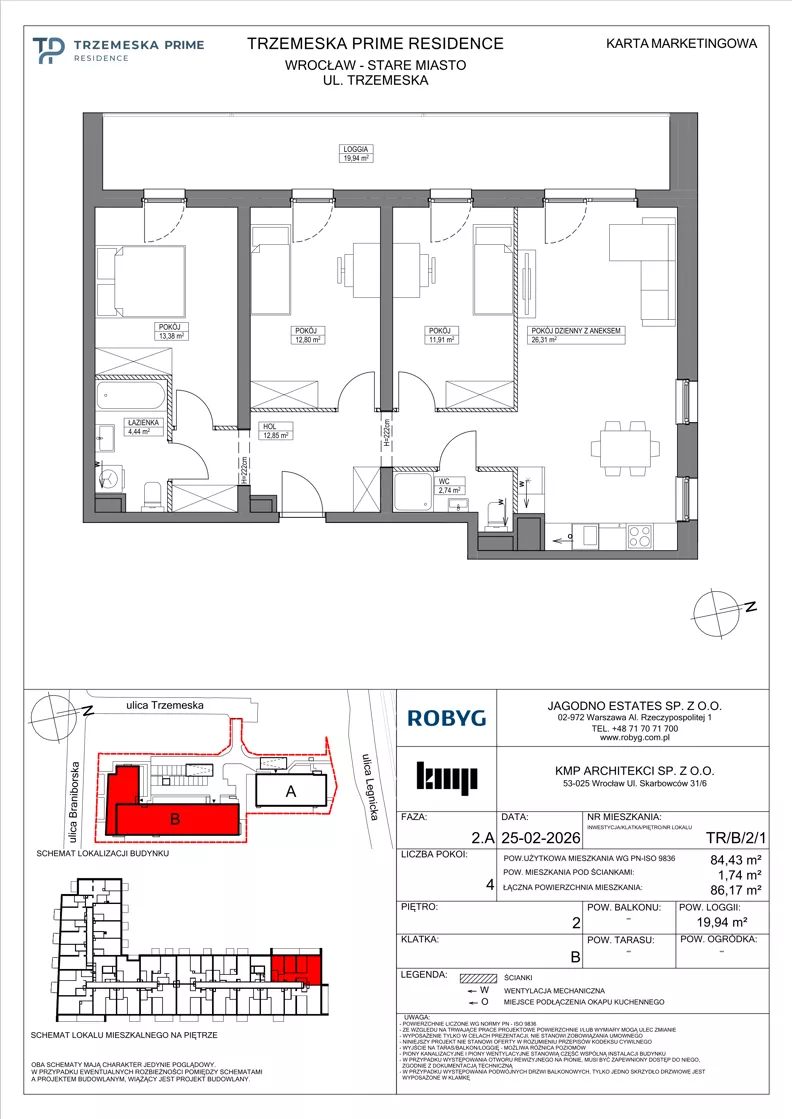 4 pokoje, mieszkanie 84,43 m², piętro 2, oferta nr TR/B/2/1, Trzemeska Prime Residence, Wrocław, Stare Miasto, ul. Trzemeska