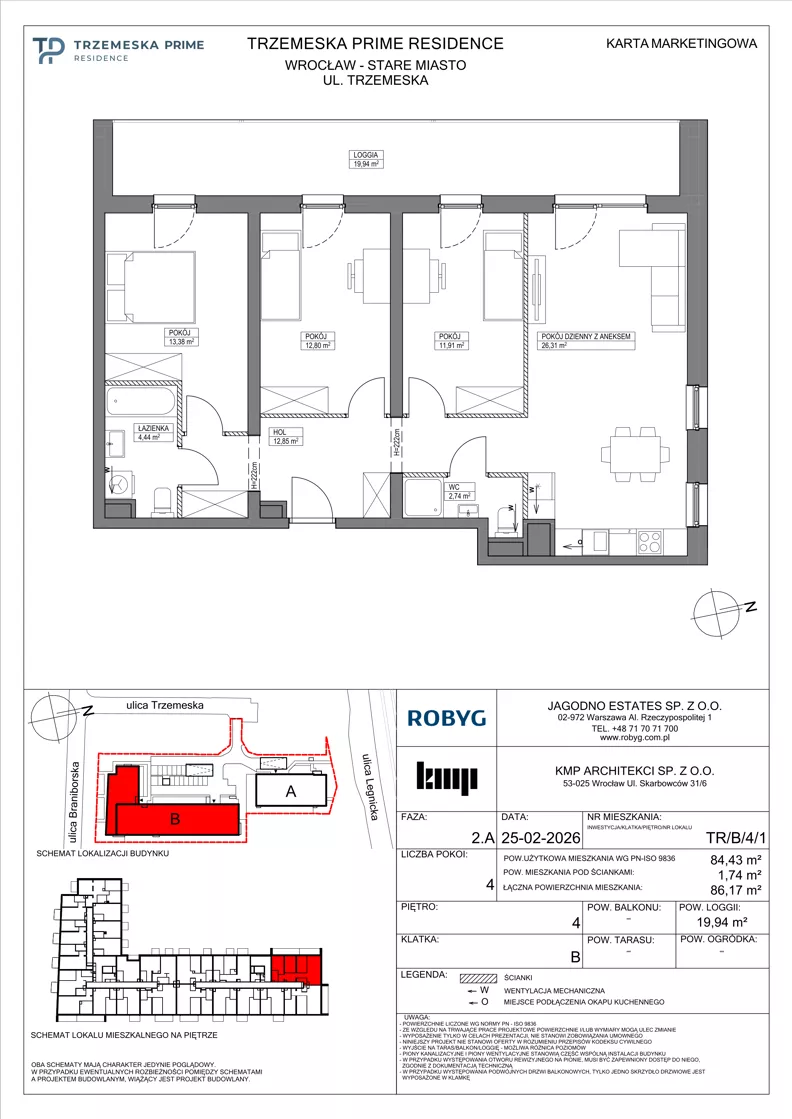 4 pokoje, mieszkanie 84,43 m², piętro 4, oferta nr TR/B/4/1, Trzemeska Prime Residence, Wrocław, Stare Miasto, ul. Trzemeska