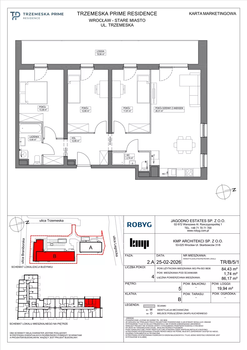 4 pokoje, mieszkanie 84,43 m², piętro 5, oferta nr TR/B/5/1, Trzemeska Prime Residence, Wrocław, Stare Miasto, ul. Trzemeska