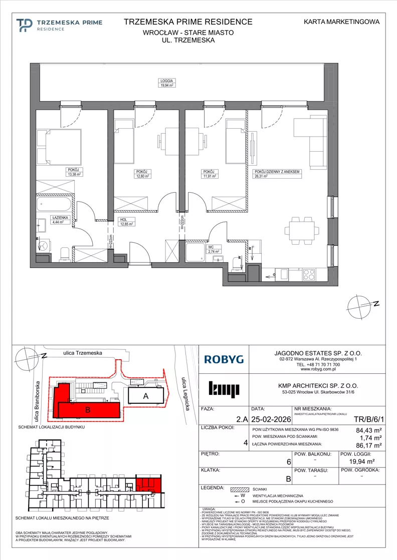 4 pokoje, mieszkanie 84,43 m², piętro 6, oferta nr TR/B/6/1, Trzemeska Prime Residence, Wrocław, Stare Miasto, ul. Trzemeska