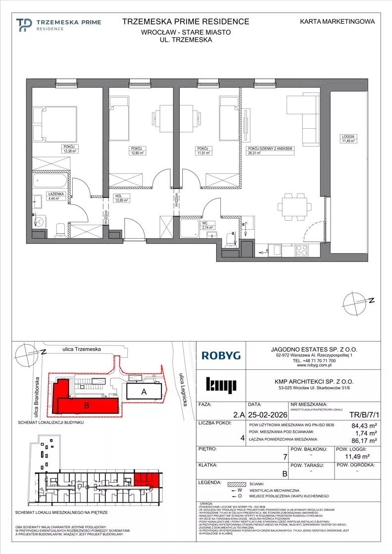 4 pokoje, mieszkanie 84,43 m², piętro 7, oferta nr TR/B/7/1, Trzemeska Prime Residence, Wrocław, Stare Miasto, ul. Trzemeska
