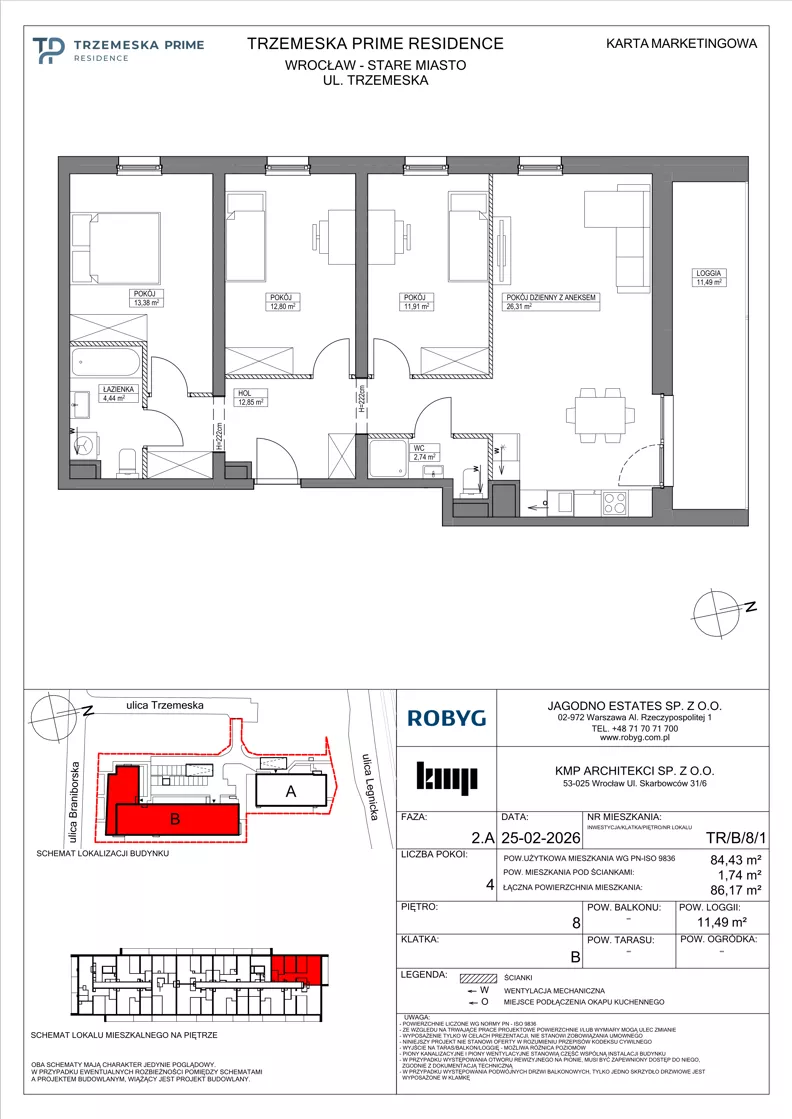 4 pokoje, mieszkanie 84,43 m², piętro 8, oferta nr TR/B/8/1, Trzemeska Prime Residence, Wrocław, Stare Miasto, ul. Trzemeska