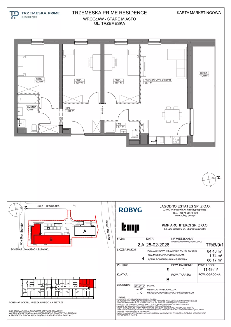 4 pokoje, mieszkanie 84,43 m², piętro 9, oferta nr TR/B/9/1, Trzemeska Prime Residence, Wrocław, Stare Miasto, ul. Trzemeska