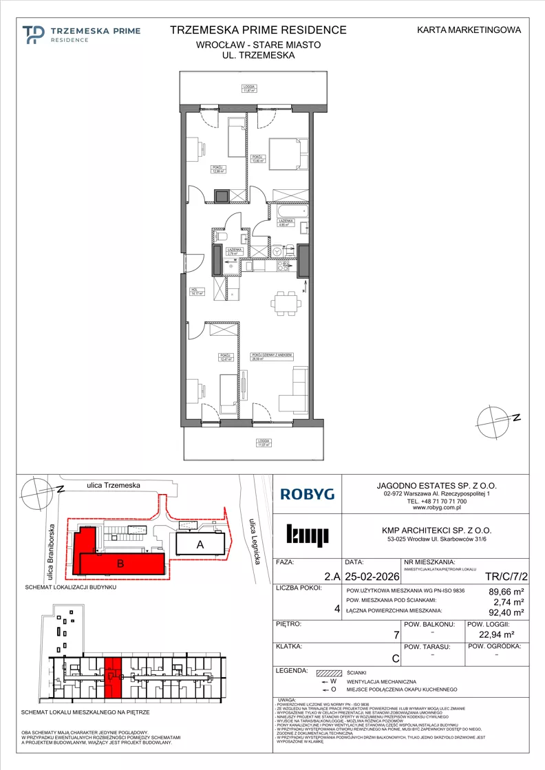 4 pokoje, mieszkanie 89,66 m², piętro 7, oferta nr TR/C/7/2, Trzemeska Prime Residence, Wrocław, Stare Miasto, ul. Trzemeska