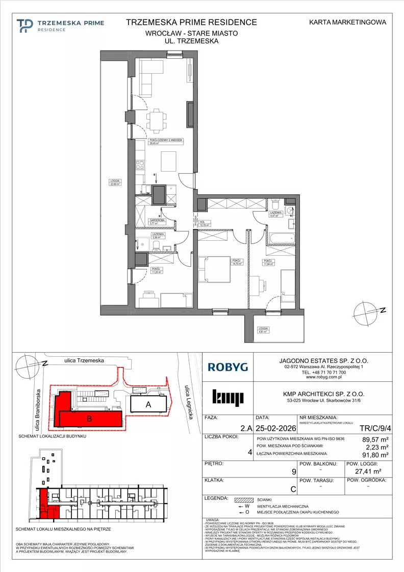 4 pokoje, mieszkanie 89,57 m², piętro 9, oferta nr TR/C/9/4, Trzemeska Prime Residence, Wrocław, Stare Miasto, ul. Trzemeska