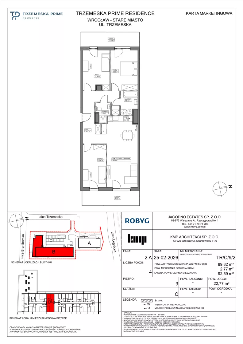 4 pokoje, mieszkanie 89,82 m², piętro 9, oferta nr TR/C/9/2, Trzemeska Prime Residence, Wrocław, Stare Miasto, ul. Trzemeska
