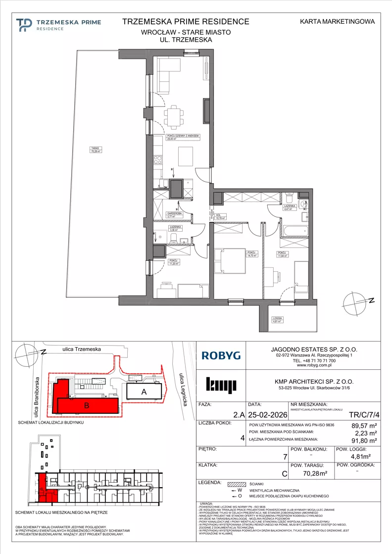 4 pokoje, mieszkanie 89,57 m², piętro 7, oferta nr TR/C/7/4, Trzemeska Prime Residence, Wrocław, Stare Miasto, ul. Trzemeska