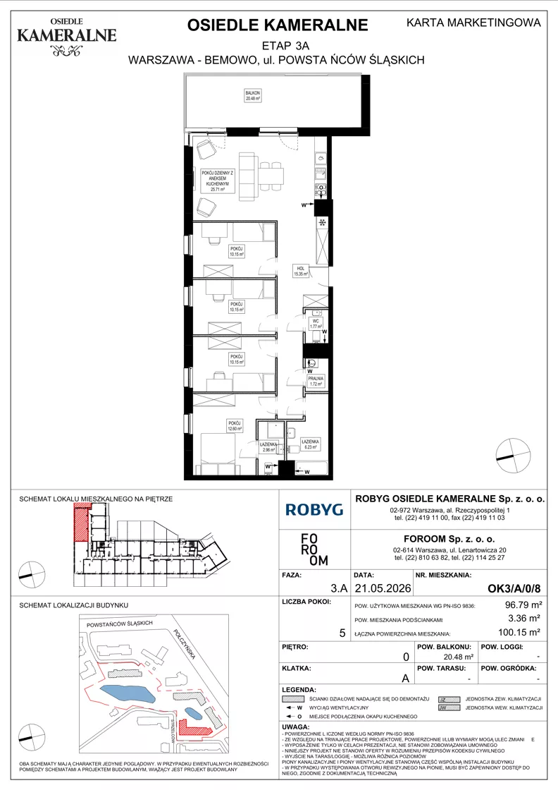 5 pokoi, mieszkanie 96,79 m², parter, oferta nr OK3/A/0/8, Osiedle Kameralne 3/5, Warszawa, Bemowo, Jelonki Południowe, ul. Powstańców Śląskich / Połczyńska