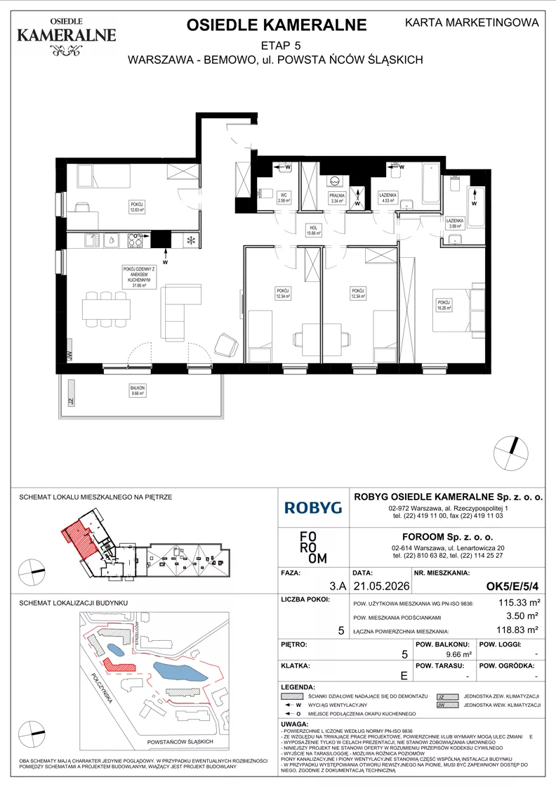 5 pokoi, mieszkanie 115,33 m², piętro 5, oferta nr OK5/E/5/4, Osiedle Kameralne 3/5, Warszawa, Bemowo, Jelonki Południowe, ul. Powstańców Śląskich / Połczyńska