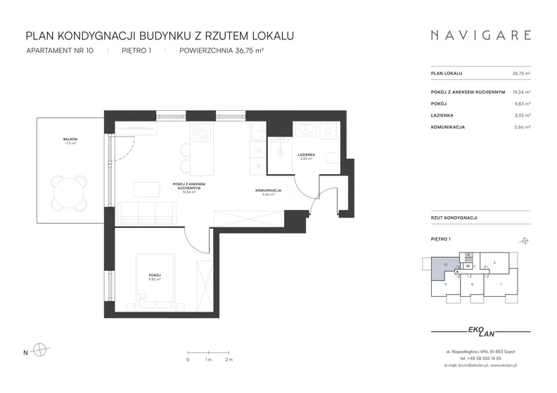 2 pokoje, apartament 36,75 m², piętro 1, oferta nr 10, NAVIGARE, Gdańsk, Brzeźno, ul. Dworska 4