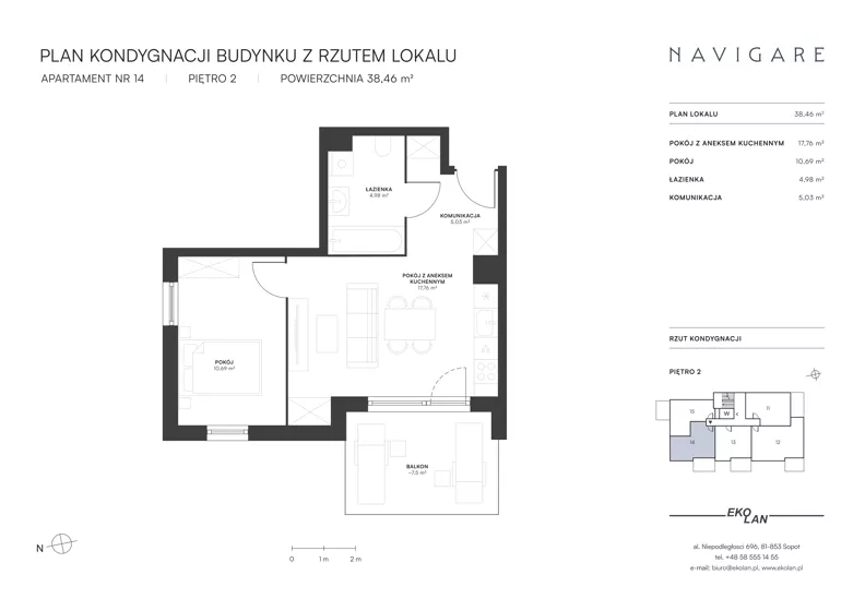 2 pokoje, apartament 38,46 m², piętro 2, oferta nr 14, NAVIGARE, Gdańsk, Brzeźno, ul. Dworska 4