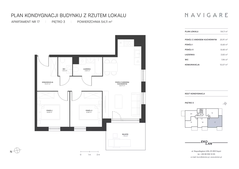 3 pokoje, apartament 54,11 m², piętro 3, oferta nr 17, NAVIGARE, Gdańsk, Brzeźno, ul. Dworska 4