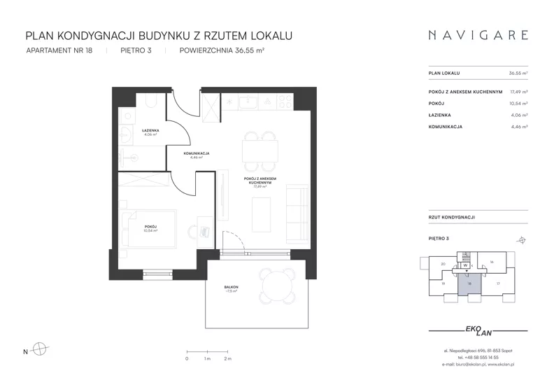 2 pokoje, apartament 36,55 m², piętro 3, oferta nr 18, NAVIGARE, Gdańsk, Brzeźno, ul. Dworska 4