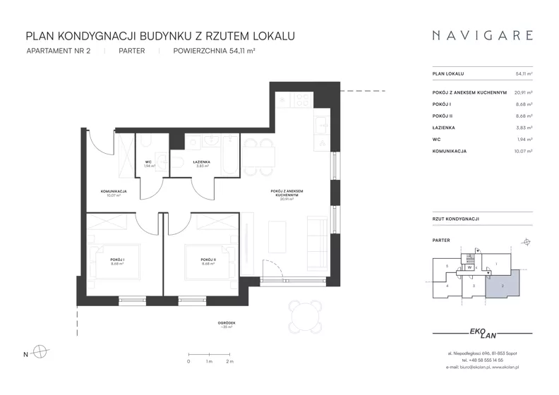 3 pokoje, apartament 54,11 m², parter, oferta nr 2, NAVIGARE, Gdańsk, Brzeźno, ul. Dworska 4