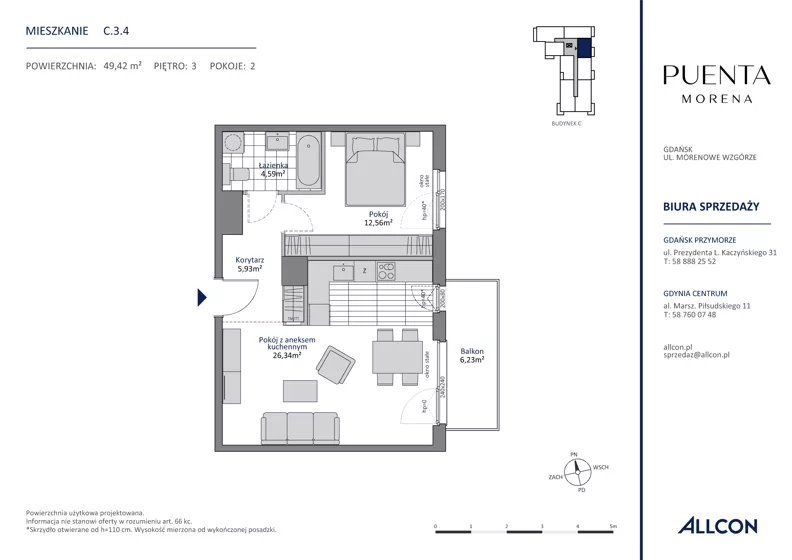 2 pokoje, mieszkanie 49,42 m², piętro 3, oferta nr C.3.4, Puenta Morena, Gdańsk, Piecki-Migowo, ul. Morenowe Wzgórze 36, 38a, 38b
