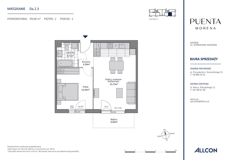 2 pokoje, mieszkanie 49,00 m², piętro 2, oferta nr Da.2.3, Puenta Morena, Gdańsk, Piecki-Migowo, ul. Morenowe Wzgórze 36, 38a, 38b
