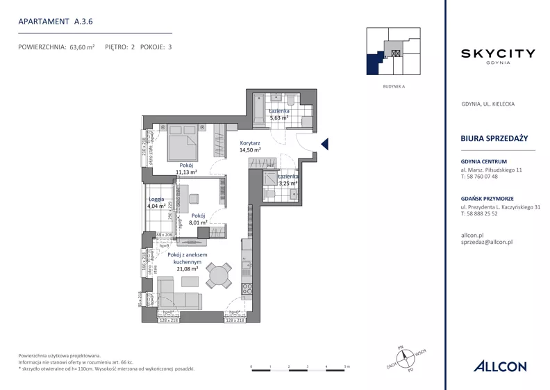 3 pokoje, apartament 63,60 m², piętro 2, oferta nr A.3.6, SKYCITY Gdynia, Gdynia, Wzgórze Św. Maksymiliana, ul. Kielecka